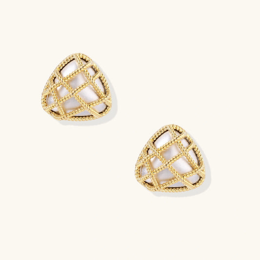 Pair of triangular gold-plated earrings with rope-textured lattice pattern on cream background, dimensional stud design