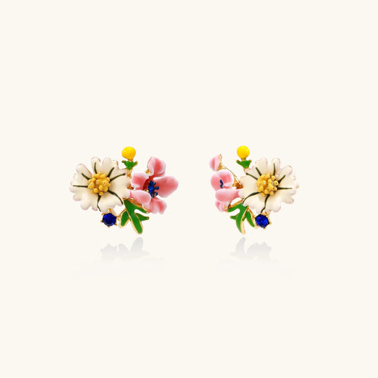 Colorful floral cluster stud earrings with pink blooms, white daisies, yellow accents on gold-plated brass base