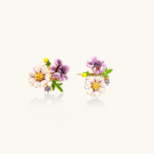 Cluster-style stud earrings with purple pansies, white daisies, yellow centers, and green leaves in glossy enamel finish