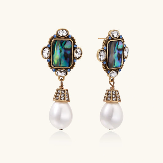 Ornate gold-plated drop earrings with rectangular abalone shell centers, crystal accents, and baroque pearl drops