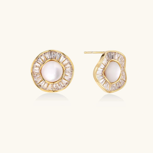 14K gold-plated stud earrings with freshwater pearl center surrounded by baguette-cut crystal halo in sunburst design
