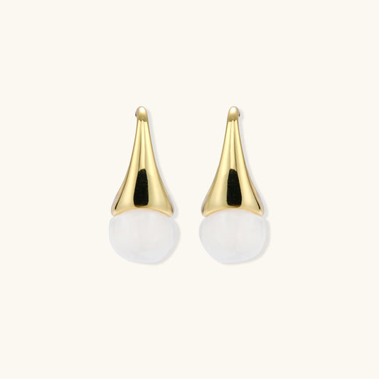 Pair of small gold-plated hoop earrings with triangular cone fronts and curved backs on white background.