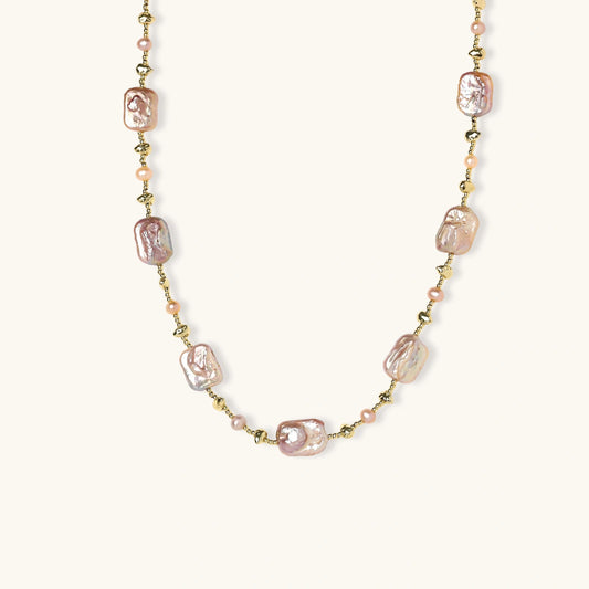Iridescent baroque pearls alternating with small freshwater pearls on 14K gold-plated chain