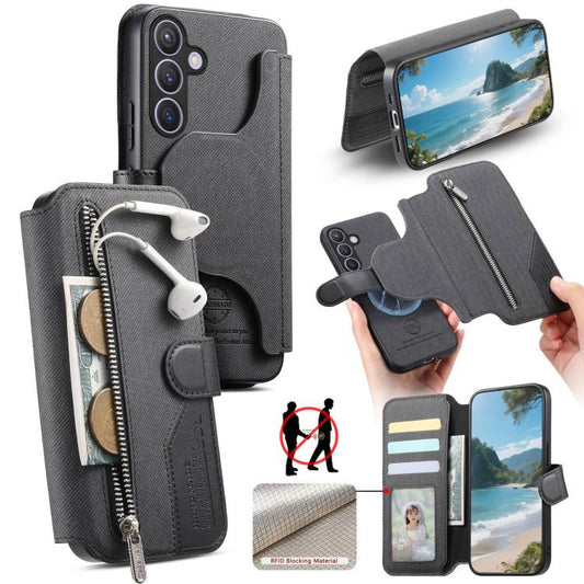 Twill Fabric MagSafe RFID Anti-theft Zipper Wallet Leather Phone Case, For Galaxy S23 FE 5G, For Galaxy S23+ 5G, For Galaxy S23 5G, For Galaxy S22+ 5G
