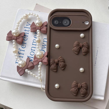 Soft Silicone 3D Bowknot Pearl Phone Case with Beaded Wrist Strap, For Google Pixel 7 5G For Google Pixel 7 5G / Coffee