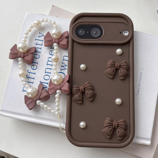 Soft Silicone 3D Bowknot Pearl Phone Case with Beaded Wrist Strap, For Google Pixel 7 5G For Google Pixel 7 5G / Coffee