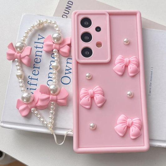Soft Silicone 3D Bowknot Pearl Phone Case with Beaded Wrist Strap, For Samsung Galaxy A32 5G For Samsung Galaxy A32 5G / Pink