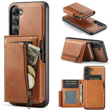 Fierre Shann Oil Wax Vegan Leather Magnetic Card Holder Back Phone Case, For Galaxy S22 Ultra 5G, For Galaxy S22+ 5G, For Galaxy S22 5G