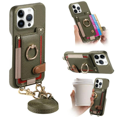 Litchi Texture Card Bag Ring Holder Vegan Leather + PC Phone Case with Shoulder Strap, For iPhone 12 Pro, For iPhone 12 mini, For iPhone 11 Pro Max