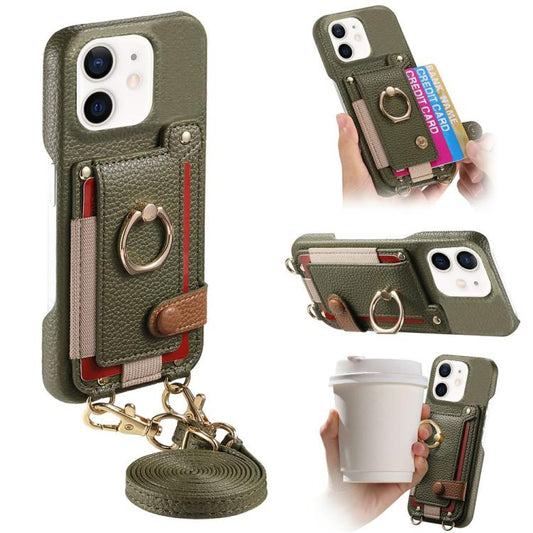 Litchi Texture Card Bag Ring Holder Vegan Leather + PC Phone Case with Shoulder Strap, For iPhone 11, For iPhone 11 Pro, For iPhone X / XS