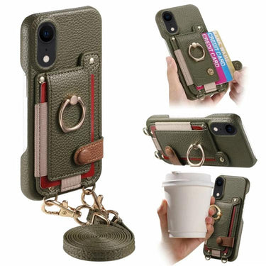 Litchi Texture Card Bag Ring Holder Vegan Leather + PC Phone Case with Shoulder Strap, For iPhone XR, For iPhone XS Max, For iPhone 6 Plus/7 Plus/8 Plus