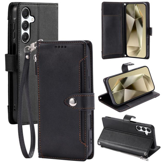 Litchi Texture Zipper Wallet Buckle Vegan Leather Phone Case with Wrist Strap, For Galaxy S24+ 5G, For Galaxy S24 5G, For Galaxy S23 FE 5G