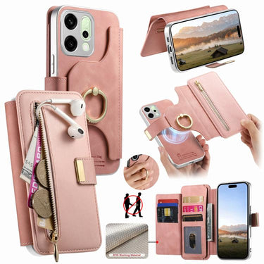 Precision Hole Silver-Edged Ring RFID Blocking Zipper Wallet Magnetic Vegan Leather Phone Case, For OPPO Reno14 Pro Global, For OPPO Reno14 Global, For OPPO A5 Pro 5G Global