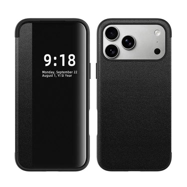 Side Large Window Plain Vegan Leather Phone Case, For iPhone 18 Pro / 17 Pro, For iPhone 18 Pro Max / 17 Pro Max, For iPhone 17, For iPhone 16 Pro Max, For iPhone 16 Pro, For iPhone 16 Plus