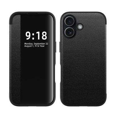 Side Large Window Plain Vegan Leather Phone Case, For iPhone 16