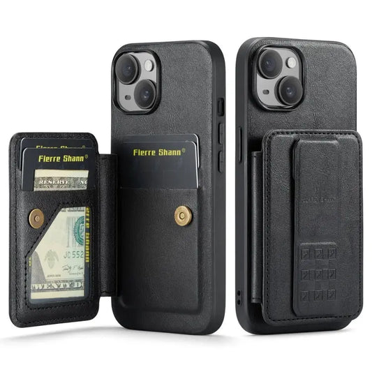 Fierre Shann Oil Wax Cow Leather Card Holder Back Phone Case, For iPhone 15, For iPhone 14 Plus, For iPhone 14, For iPhone 14 Pro