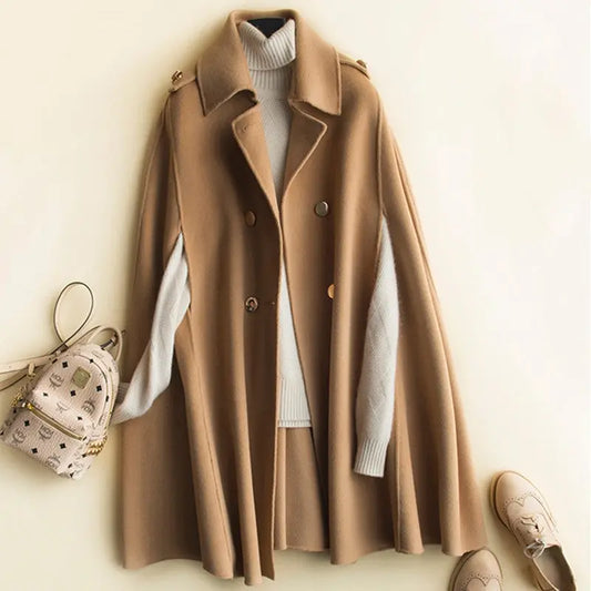 Hepburn Style Reversible Cashmere Coat Women's Mid-length British Classic Style Cape Woolen Coat