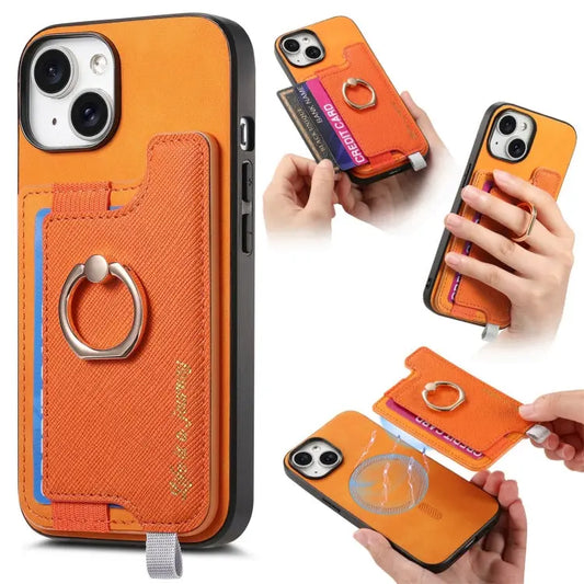 Retro Magsafe Cross Leather Ring Holder Card Bag Phone Case, For iPhone 15, For iPhone 14 Plus, For iPhone 14 For iPhone 15 / Yellow