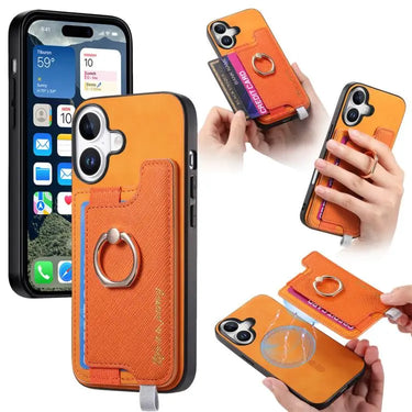 Retro Magsafe Cross Leather Ring Holder Card Bag Phone Case, For iPhone 17, For iPhone Air, For iPhone 16 Pro Max For iPhone 17 / Yellow