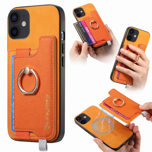 Retro Magsafe Cross Leather Ring Holder Card Bag Phone Case, For iPhone 11, For iPhone 11 Pro, For iPhone X / XS For iPhone 11 / Yellow