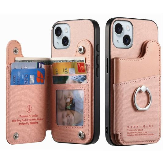 Twill Fabric Ring Multi-card Wallet Vegan Leather Phone Case, For iPhone 14, For iPhone 14 Pro, For iPhone 14 Pro Max