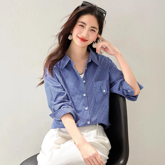 Stylish Blue Checkered Shirt Blazer for WomenFashionable and Youthful Top