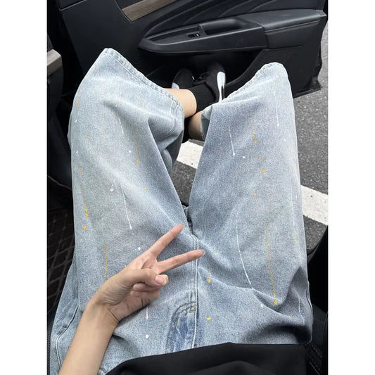 Wide-Leg 7/8 Denim Pants Men's Meteor Design Loose Shortsย ย