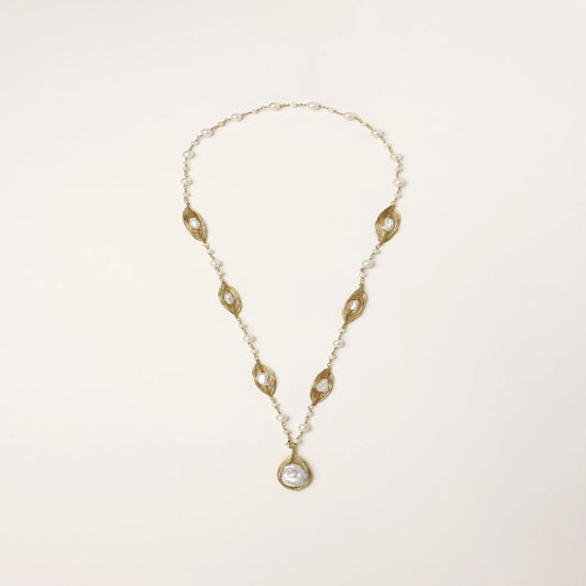 14K gold plated necklace with organic leaf motifs and freshwater pearls arranged in an elegant chain design on neutral background.
