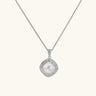 Cushion-shaped double halo pendant with 10mm freshwater pearl center on rhodium-plated sterling silver chain