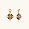Gold-plated drop earrings with iridescent abalone shell and pearl studs in geometric cross design