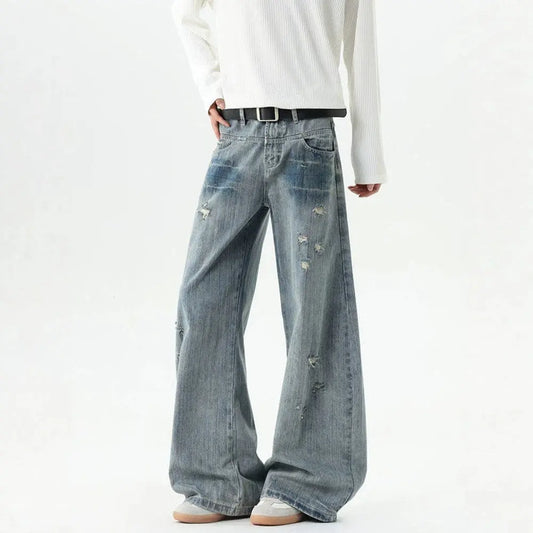 Bamboo Texture Distressed Washed Straight Leg Oversized Tapered Jeans  