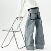 Bamboo Texture Distressed Washed Straight Leg Oversized Tapered Jeans  
