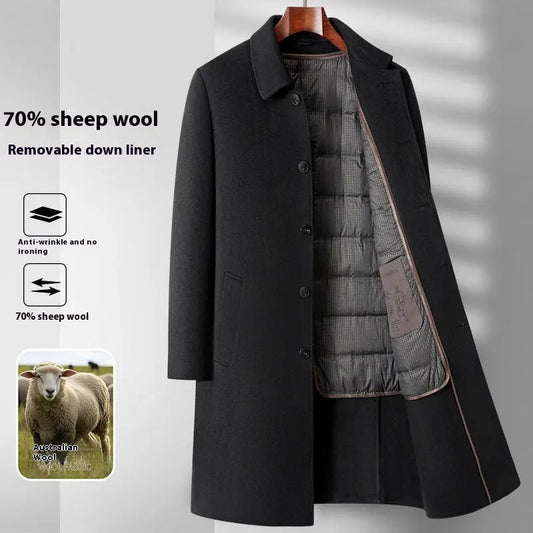 Double-sided Wool Overcoat Men's Winter Down Feather Liner High-end Long Business  