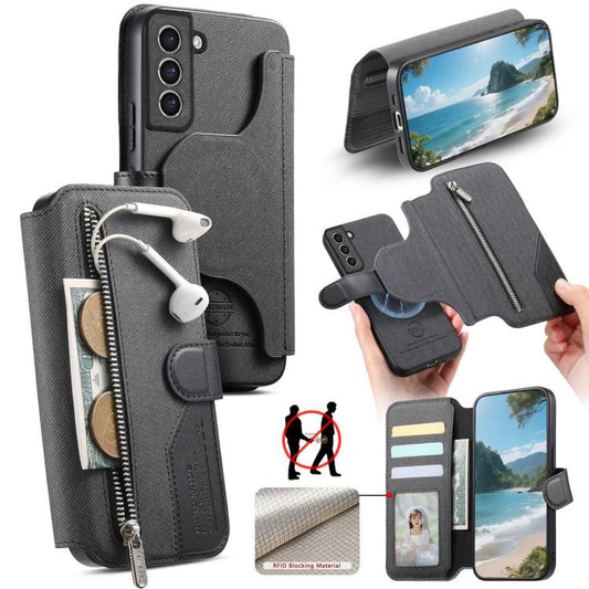 Twill Fabric MagSafe RFID Anti-theft Zipper Wallet Leather Phone Case, For Galaxy S21+ 5G  