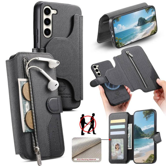 Twill Fabric MagSafe RFID Anti-theft Zipper Wallet Leather Phone Case, For Galaxy S22 5G, For Galaxy S21 FE 5G, For Galaxy S21 5G, For Galaxy S21+ 5G  