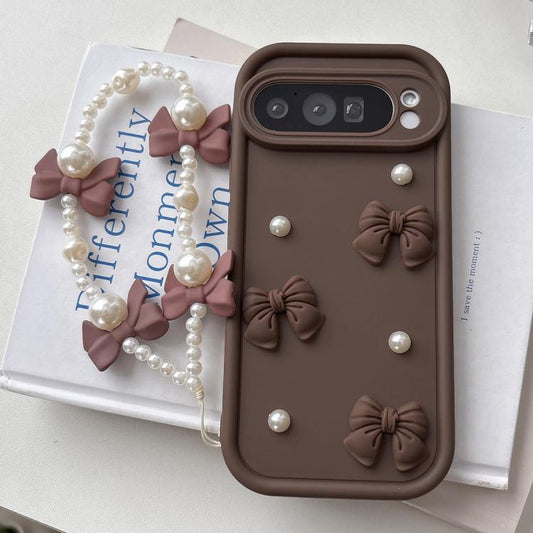 Soft Silicone 3D Bowknot Pearl Phone Case with Beaded Wrist Strap, For Google Pixel 9 Pro XL, For Google Pixel 9 Pro, For Google Pixel 9, For Google Pixel 8a, For Google Pixel 8 Pro, For Google Pixel 8, For Google Pixel 7a, For Google Pixel 7 Pro 5G  For Google Pixel 9 Pro XL / Coffee