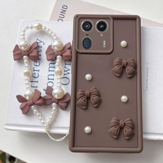 Soft Silicone 3D Bowknot Pearl Phone Case with Beaded Wrist Strap, For Motorola Edge 50 Ultra, For Motorola Edge 50 Pro, For Motorola Edge 50 Fusion, For Motorola Moto G24 Power, For Motorola Moto G24, For Motorola Moto G84, For Motorola Moto G14      ...  