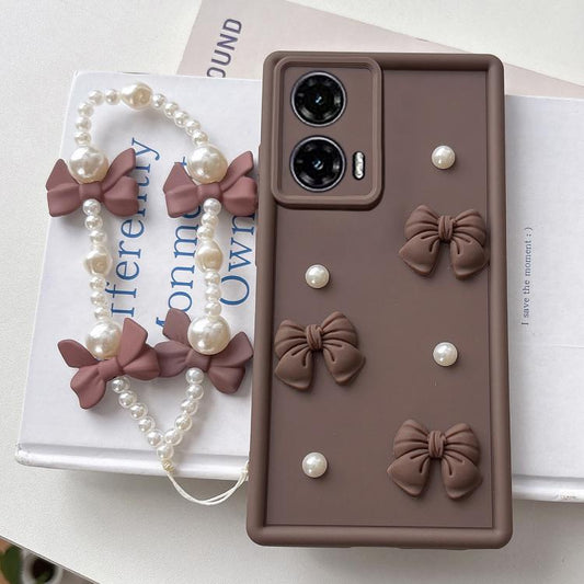 Soft Silicone 3D Bowknot Pearl Phone Case with Beaded Wrist Strap, For Motorola Moto G35, For Motorola Moto G55, For Motorola Moto G34 / G45 5G, For Motorola Edge 50, For Motorola Moto G54/G64 5G/G54 Power, For Motorola Edge 50 Neo  For Motorola Moto G35 / Coffee