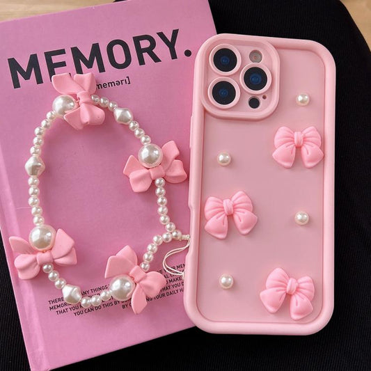 Soft Silicone 3D Bowknot Pearl Phone Case with Beaded Wrist Strap, For iPhone 15 Pro, For iPhone 15, For iPhone 14, For iPhone 14 Pro, For iPhone 14 Pro Max  For iPhone 15 Pro / Pink