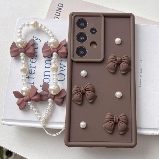 Soft Silicone 3D Bowknot Pearl Phone Case with Beaded Wrist Strap, For Samsung Galaxy A32 5G  For Samsung Galaxy A32 5G / Coffee
