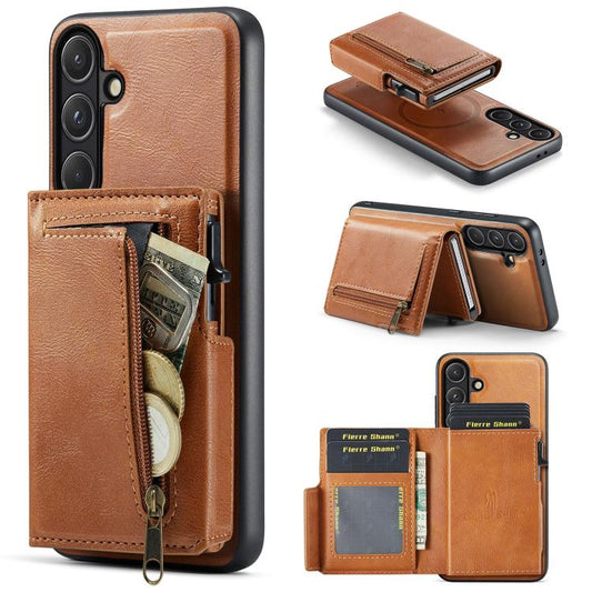 Fierre Shann Oil Wax Vegan Leather Magnetic Card Holder Back Phone Case, For Galaxy S24 FE 5G, For Galaxy S24 Ultra 5G, For Galaxy S24+ 5G, For Galaxy S24 5G  