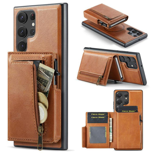 Fierre Shann Oil Wax Vegan Leather Magnetic Card Holder Back Phone Case, For Galaxy S22 Ultra 5G, For Galaxy S22+ 5G, For Galaxy S22 5G  