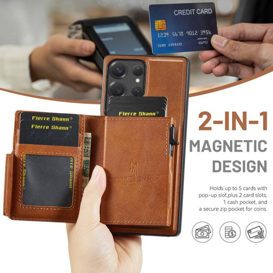 Fierre Shann Oil Wax Vegan Leather Magnetic Card Holder Back Phone Case, For Galaxy S22 Ultra 5G, For Galaxy S22+ 5G, For Galaxy S22 5G  