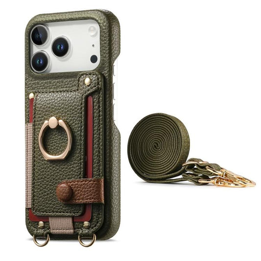 Litchi Texture Card Bag Ring Holder Vegan Leather + PC Phone Case with Shoulder Strap, For iPhone 16e / 17e, For iPhone 17 Pro Max, For iPhone 17 Pro  