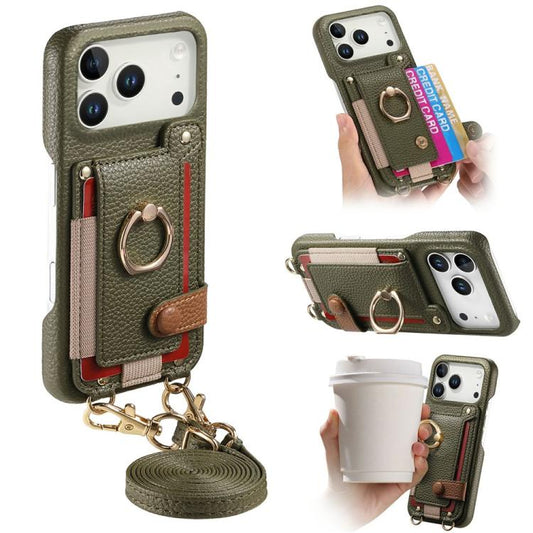 Litchi Texture Card Bag Ring Holder Vegan Leather + PC Phone Case with Shoulder Strap, For iPhone 16e / 17e, For iPhone 17 Pro Max, For iPhone 17 Pro  