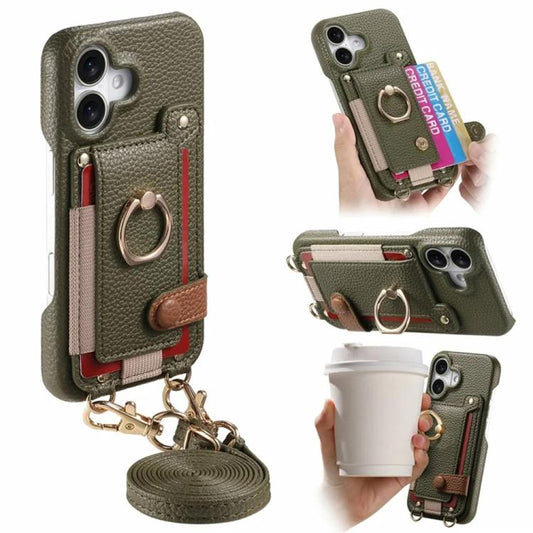 Litchi Texture Card Bag Ring Holder Vegan Leather + PC Phone Case with Shoulder Strap, For iPhone 17, For iPhone Air, For iPhone 16 Pro Max  