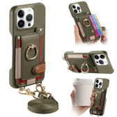Litchi Texture Card Bag Ring Holder Vegan Leather + PC Phone Case with Shoulder Strap, For iPhone 15 Pro Max, For iPhone 15 Pro, For iPhone 15 Plus  