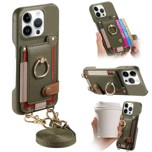 Litchi Texture Card Bag Ring Holder Vegan Leather + PC Phone Case with Shoulder Strap, For iPhone 14 Pro, For iPhone 14 Pro Max, For iPhone 6 / 7 / 8  