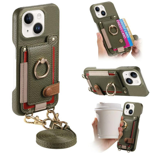 Litchi Texture Card Bag Ring Holder Vegan Leather + PC Phone Case with Shoulder Strap, For iPhone 13 mini, For iPhone 12, For iPhone 12 Pro Max  