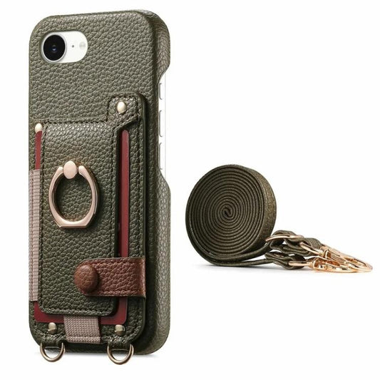 Litchi Texture Card Bag Ring Holder Vegan Leather + PC Phone Case with Shoulder Strap, For iPhone XR, For iPhone XS Max, For iPhone 6 Plus/7 Plus/8 Plus  